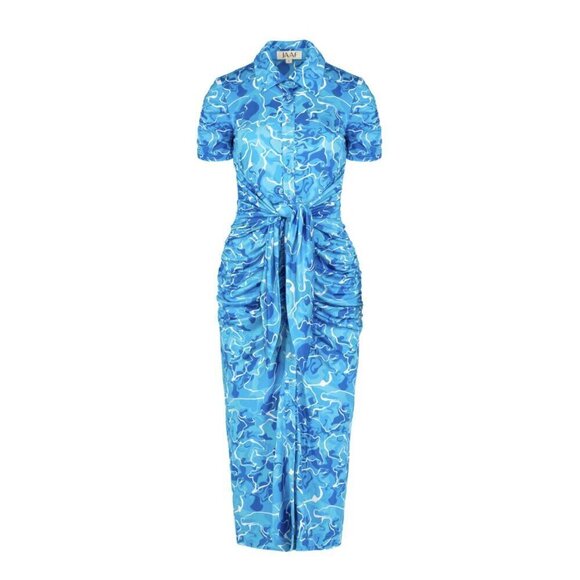 Stretchy Jersey Shirt Midi Dress - Ruched Bodycon Pool Water Print Summer Beach - Picture 1 of 15